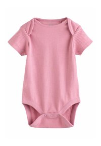 Bodysuit za bebe s kratkim rukavima u ružičastoj boji, izrađen od ribanog pamuka. Ima kopčanje na dnu i glatku izradu dekoltea za jednostavno oblačenje.