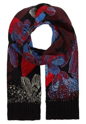 Zwart gebreide sjaal met rode, blauwe en witte bloemmotieven en kleine zwarte pailletten aan beide uiteinden.