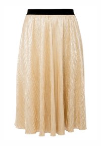 Plissé midi rok in lichtgoud met een zwarte tailleband. Heeft een metallic glans en verticale plooien, wat zorgt voor een vloeiende silhouet.