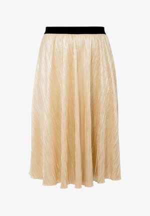 Plissé midi rok in lichtgoud met een zwarte tailleband. Heeft een metallic glans en verticale plooien, wat zorgt voor een vloeiende silhouet.