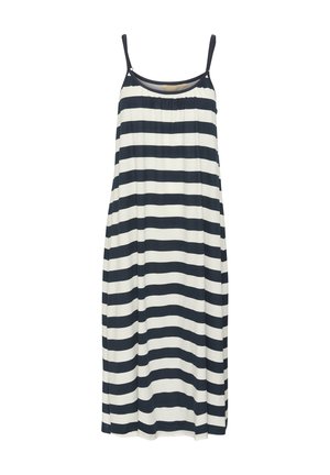 Mouwloze jurk in marineblauw en crème met horizontale strepen, van lichtgewicht stof, met een vloeiende uitstraling, geraffineerd bij de buste, en met verstelbare bandjes.