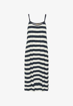 Mouwloze jurk in marineblauw en crème met horizontale strepen, van lichtgewicht stof, met een vloeiende uitstraling, geraffineerd bij de buste, en met verstelbare bandjes.