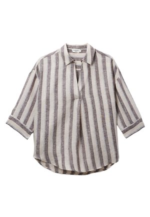 Chemise ample avec col, rayures verticales beige et marron, manches trois-quarts et encolure fendue.