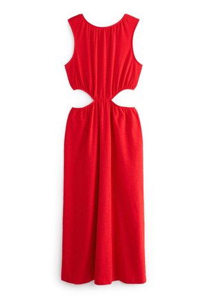 Robe rouge sans manches avec jambes larges, présentant des découpes sur les côtés à la taille et des détails élastiques à l'arrière.