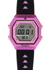 Reloj digital con una caja octagonal de resina morada, correa de goma negra con acentos de logo en rosa y una pantalla LCD gris.