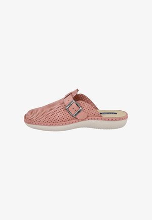 Zueco rosa perforado tipo slip-on con correa ajustable con hebilla y suela beige acolchada, mostrado de lado sobre fondo blanco.
