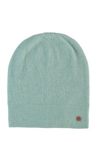 Light mint green knitted beanie with a cuffed hem and a small round logo tag on the side. Smooth texture and round top design.