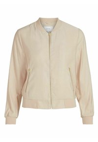 Světle béžová bomber bunda vyrobená z hladkého materiálu, s předním zipem, dvěma postranními zipovými kapsami a žebrovanými manžetami a lemem.
