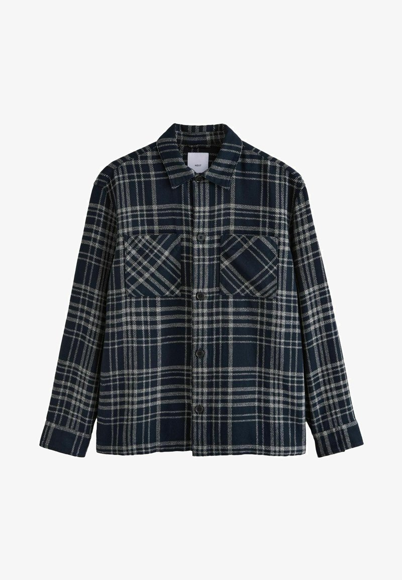 Mornarsko plava i siva karirana košulja s gumbima sprijeda, dva džepa na prsima, oštrim ovratnikom i dugim rukavima. Izrađena od teksturirane tkanine.