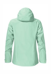 Mintgrüne, wasserdichte Jacke mit Kapuze, die eine glatte Textur, lange Ärmel und verstellbare Manschetten bietet. Die Rückansicht zeigt das figurbetonte Design.