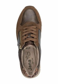 Brown leather and suede sneaker with lace-up front, zipper accent, and leopard print detail on the heel. Soft insole with logo.