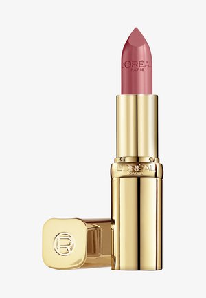 L'Oréal Paris læbestift i en gylden tube har en glat, afrundet pink spids. Tuben har en blank finish og et præget logo.