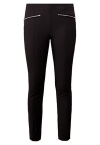 Pantaloni neri aderenti con una texture liscia, dotati di due tasche con zip sul davanti. Il design include dettagli delle cuciture verticali per un aspetto sartoriale.