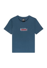 Modré bavlněné tričko s kulatým výstřihem a krátkými rukávy. Na přední straně má grafické logo v červené a bílé barvě. Hladká textura.