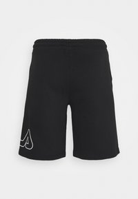 Black athletic shorts with elastic waistband and white outlined logo on the lower left leg, displayed against a plain light background.