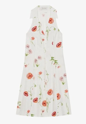 Floral dress featuring a white fabric with pink and orange flower patterns, a collared neckline, and a button-down front design.