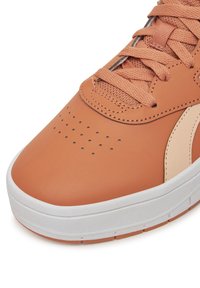 Detailný záber na hnedé tenisky s ladiacimi šnúrkami, perforovanými detailmi, béžovým bočným pruhom a hrubou bielou podrážkou na bielom pozadí.