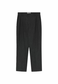 Hosen aus dunkelgrauer Wolle mit gefaltetem Vorderteil, geraden Beinen und einem mittelhohen Bund. Keine Taschen oder sichtbare Beschläge.