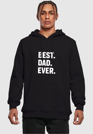 Black hoodie with a front pocket, featuring bold white text "BEST. DAD. EVER." on the chest. Soft, pullover design with a hood.