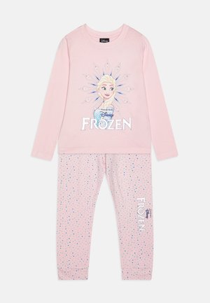 Rosa Langarm-Pyjama mit einem Grafikdesign eines Charakters aus "Die Eiskönigin", kombiniert mit einer Hose im Punktenmuster und Logo-Details.