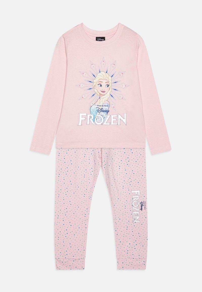 Pyjama rose à manches longues avec un motif d'un personnage de Frozen, accompagné de pantalons à pois et d'accents logo.