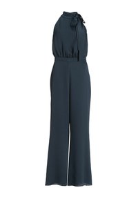 Une combinaison bleu marine foncé dotée d'un col haut avec un nœud, d'une taille cintrée et de pantalons évasés, mettant en valeur un tissu fluide et lisse.