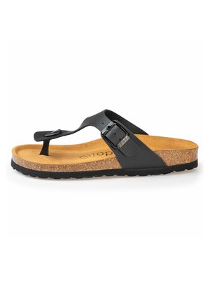 Schwarze Flip-Flop-Sandale mit einem strukturierten Riemen, verstellbarem Schnallenverschluss und Korkfußbett. Verfügt über eine geriffelte Gummisohle für besseren Halt.