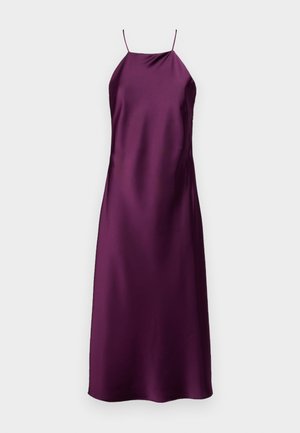 Abito a sottoveste in satin viola con spalline sottili, silhouette fino al ginocchio, texture liscia e design minimalista. Nessun motivo o hardware visibile.