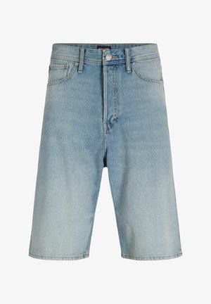 Lichtblauwe denim shorts met een hoge taille, vijf zakken en een rechte pasvorm. Voorzien van een knoopsluiting aan de voorkant en minimale stiksels.