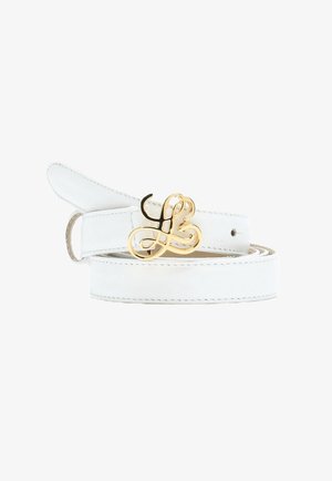 Witte leren riem met een gouden gesp met een sierlijk 'L'-ontwerp. De riem heeft een gladde textuur en contrasterende stiksels.