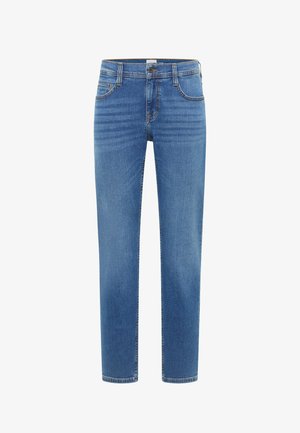 Vaqueros azules de pierna recta con botón delantero, cremallera, trabillas para cinturón y diseño estándar de cinco bolsillos.