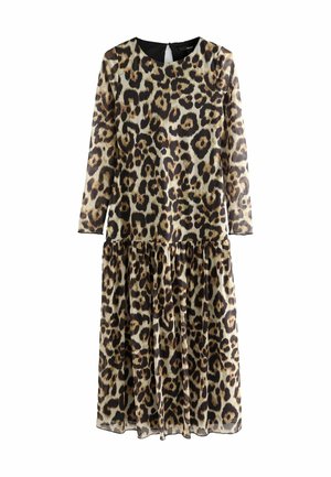 Robe à manches longues imprimée léopard en tissu léger, avec une jupe à volants, un col rond et des détails en panneau arrière noir.