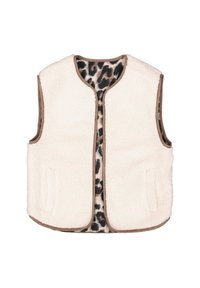 Chaleco forrado de forro polar en crema con un suave interior de estampado de leopardo. Presenta un escote redondeado y dos bolsillos frontales. Ribeteado en marrón.