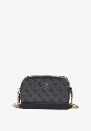 Czarna i szara torebka z wzorem, z logo, zamknięciem na zamek i łańcuchowym paskiem. Posiada teksturowane dno i gładką górę.