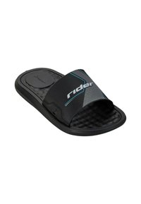 Infradito neri con soletta testurizzata, ampia fascia con un accento blu e logo, e suola in gomma resistente.