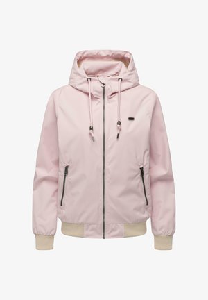 Vaaleanpunainen hupullinen takki, jossa on etuvetoketju, kiristysnauhat, kaksi vetoketjulla suljettavaa taskua sekä kermaiset ribbineulotut hihansuut ja helma.