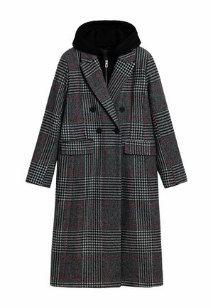 Lang grijs geruit jasje met dubbele rij knopen en rode lijnen, zwart-wit houndstooth-patronen, klepzakken en een aangehechte zwarte capuchon binnenlaag.