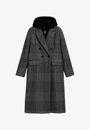 Dugi sivo karirani kaput s crvenim prugama, uzorak hounds-tooth u crnoj i bijeloj boji, džepovi sa preklopom i pričvršćeni unutarnji sloj s crnom kapuljačom.