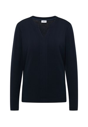 Granatowy top z długim rękawem, dekoltem w serek i subtelnymi detalami szwów. Wykonany z miękkiej, elastycznej tkaniny dla komfortu. Klasyczny design.