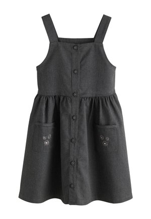 Sötétszürke ujjatlan ruha elől gombos zárral, két elülső zsebbel, melyeken apró virágos hímzés látható, és széles pántokkal.