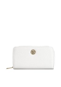 Portafoglio in pelle bianca texture con un accento del logo dorato, chiusura con zip e forma rettangolare, caratterizzato da una finitura liscia e design minimalista.