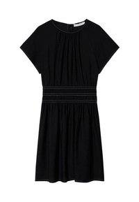 Robe noire à manches courtes avec taille froncée, bandes élastiques et détails en tissu plissé sur la poitrine et la jupe.