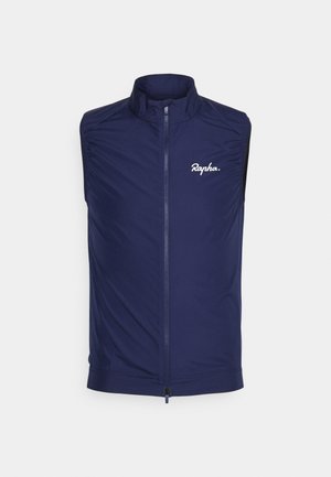 Gilet de cyclisme en bleu marine avec col haut, sans manches, fermeture éclair à l'avant et logo "Rapha" blanc. Tissu lisse avec un léger éclat et une texture légère.