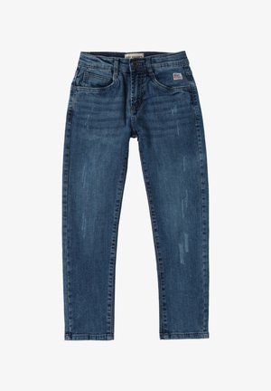 Jeans de mezclilla azul con un corte slim, que presentan detalles desgastados, cinco bolsillos y una cinturilla clásica con cierre de botón y cremallera.