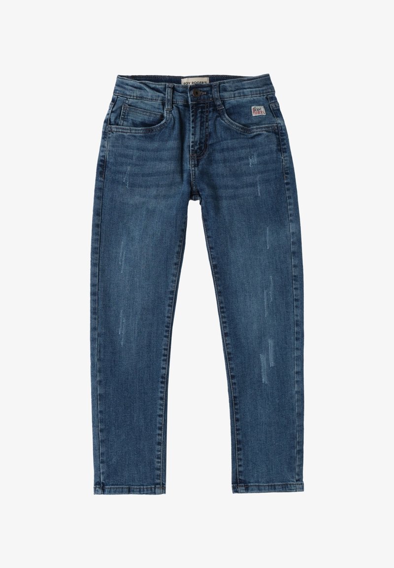 Jeans de mezclilla azul con un corte slim, que presentan detalles desgastados, cinco bolsillos y una cinturilla clásica con cierre de botón y cremallera.