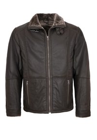 Schwarze Lederjacke mit einem Reißverschluss vorne, weichem Kunstfellkragen, zwei seitlichen Reißverschlusstaschen und kontrastierenden strukturierten Einsätzen.