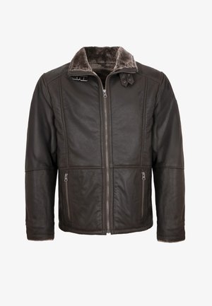 Schwarze Lederjacke mit einem Reißverschluss vorne, weichem Kunstfellkragen, zwei seitlichen Reißverschlusstaschen und kontrastierenden strukturierten Einsätzen.