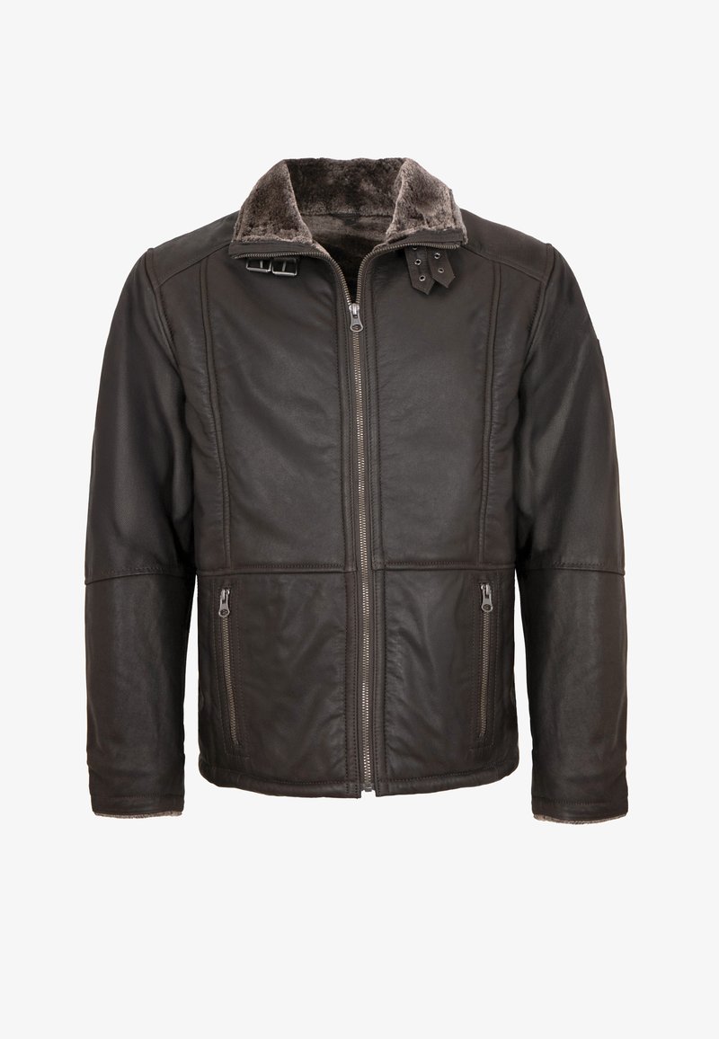 Schwarze Lederjacke mit einem Reißverschluss vorne, weichem Kunstfellkragen, zwei seitlichen Reißverschlusstaschen und kontrastierenden strukturierten Einsätzen.