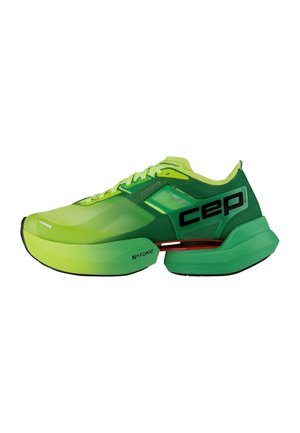Bright green and yellow running shoe with thick sole, red support bar, and "cep" branding on the side.