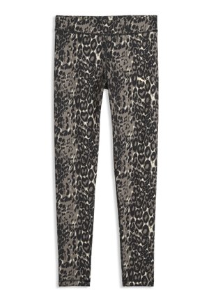 Leggings met zwart en grijs luipaardprint patroon en een klein Puma-logo op de bovenkant van de dij.